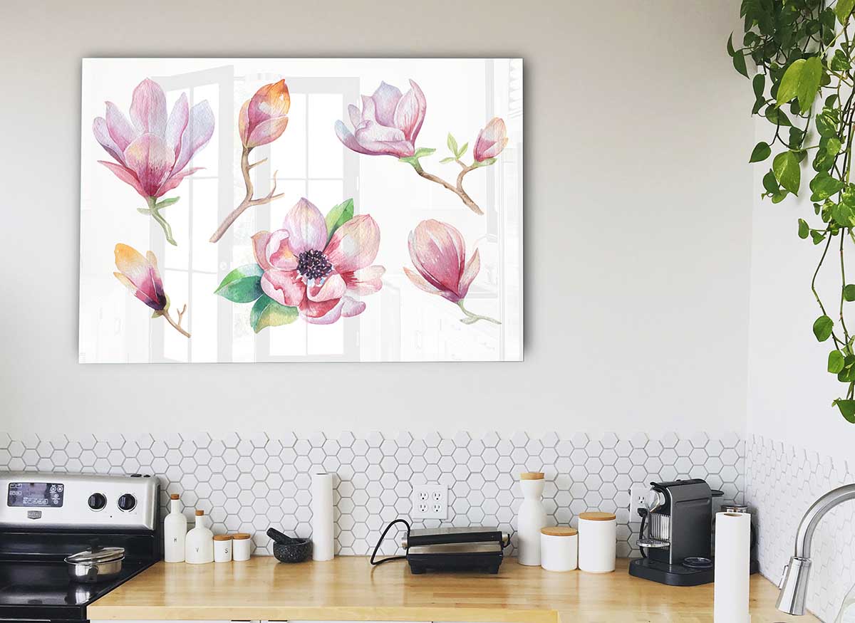 A vibrant glass print featuring a selection of watercolour flowers in various colors, perfect for modern home decor.