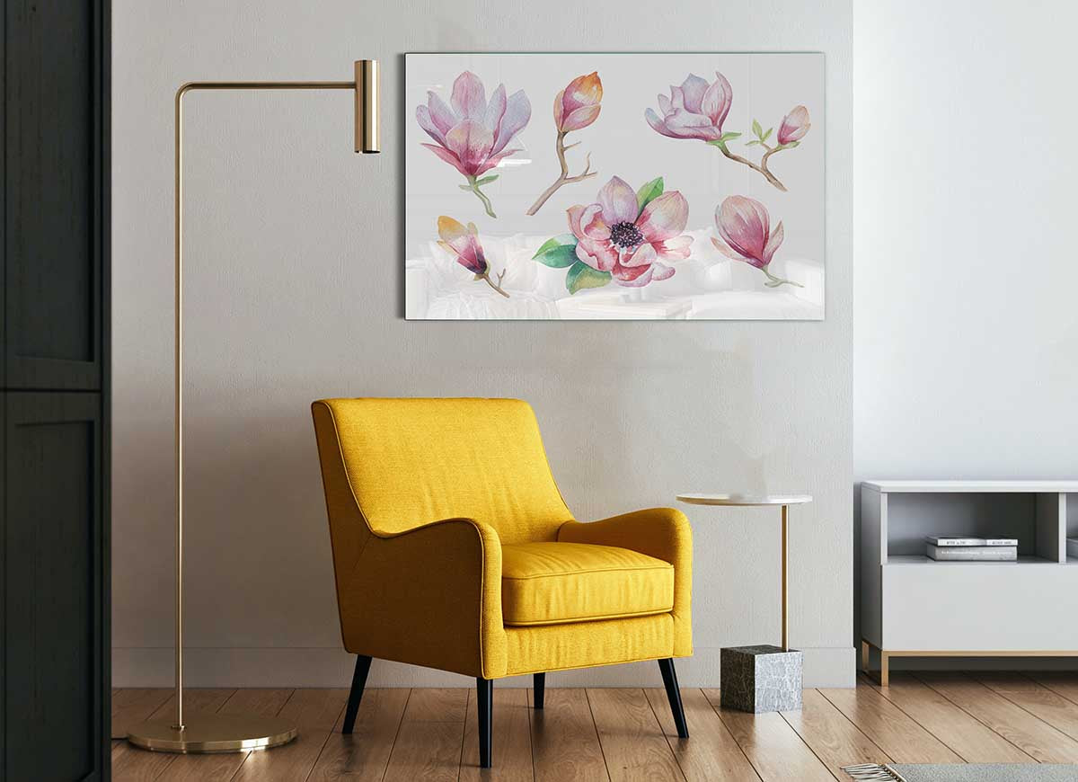 A vibrant glass print featuring a selection of watercolour flowers in various colors, perfect for modern home decor.