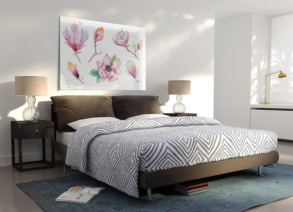 A vibrant glass print featuring a selection of watercolour flowers in various colors, perfect for modern home decor.