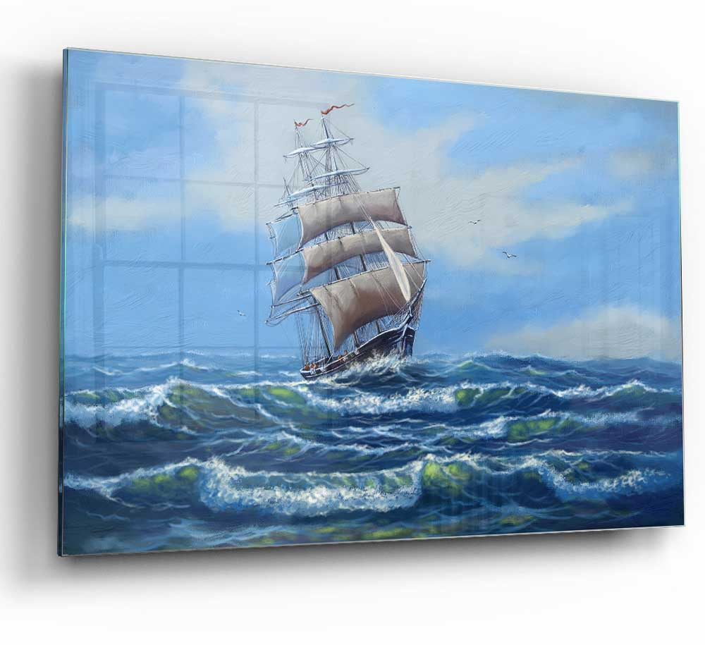 A modern glass print depicting a ship at sea, showcasing vibrant colors and intricate details.