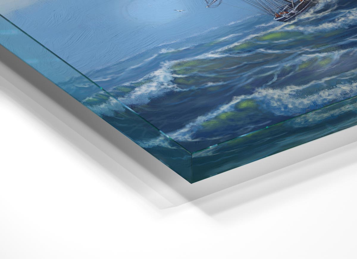 A modern glass print depicting a ship at sea, showcasing vibrant colors and intricate details.