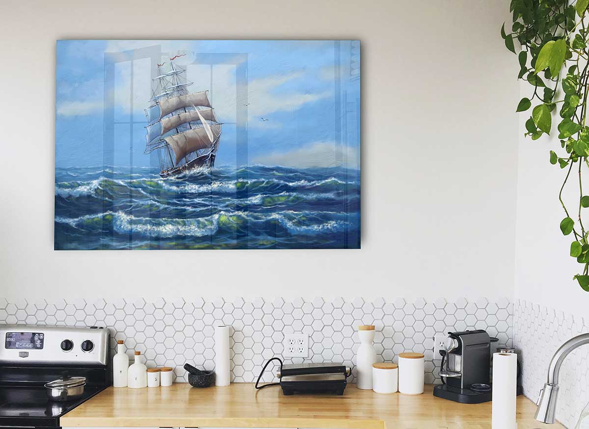 A modern glass print depicting a ship at sea, showcasing vibrant colors and intricate details.