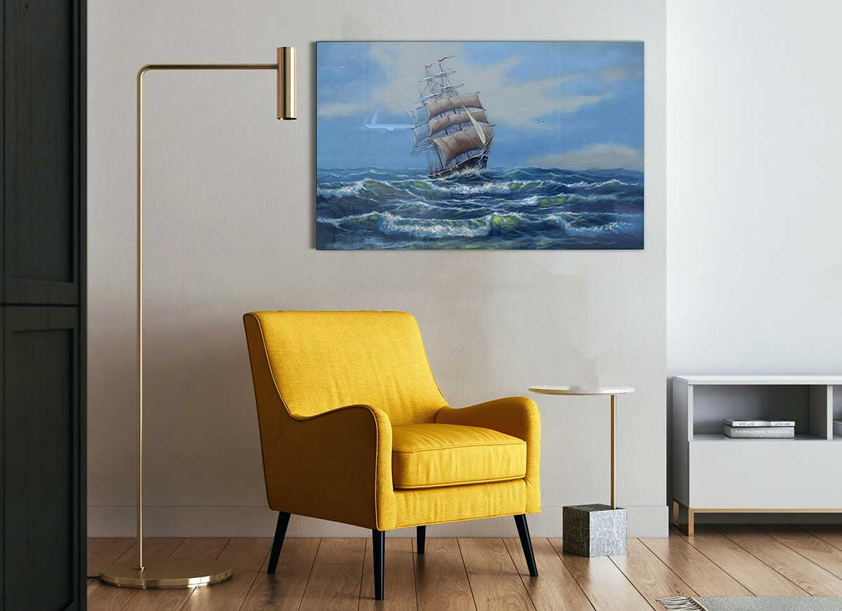 A modern glass print depicting a ship at sea, showcasing vibrant colors and intricate details.