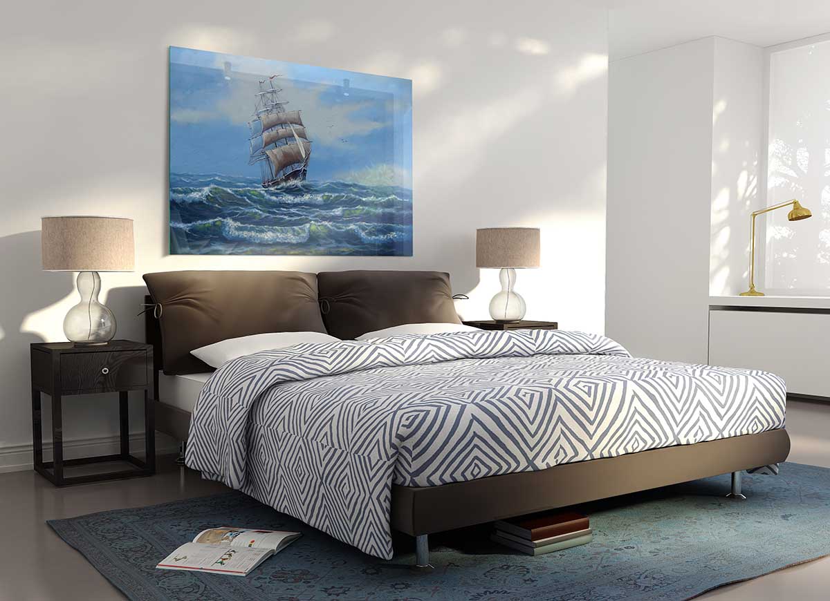 A modern glass print depicting a ship at sea, showcasing vibrant colors and intricate details.