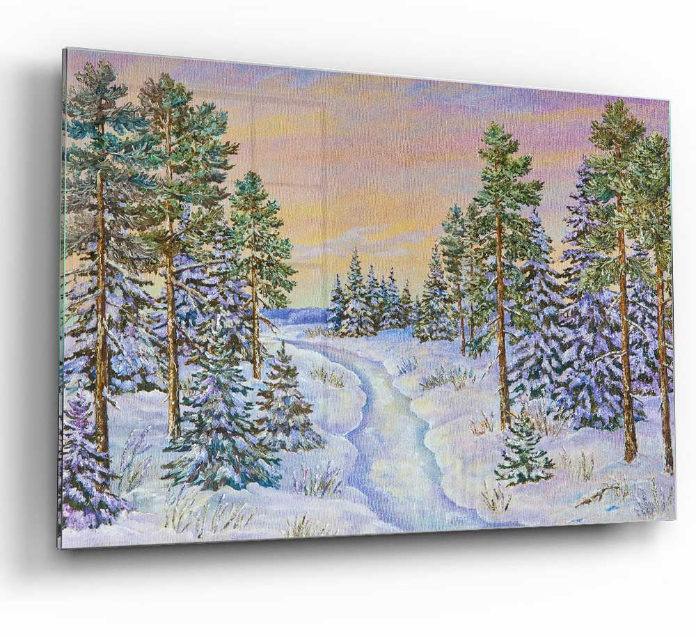 A stunning glass print featuring a serene snow-filled forest landscape, showcasing modern art style.