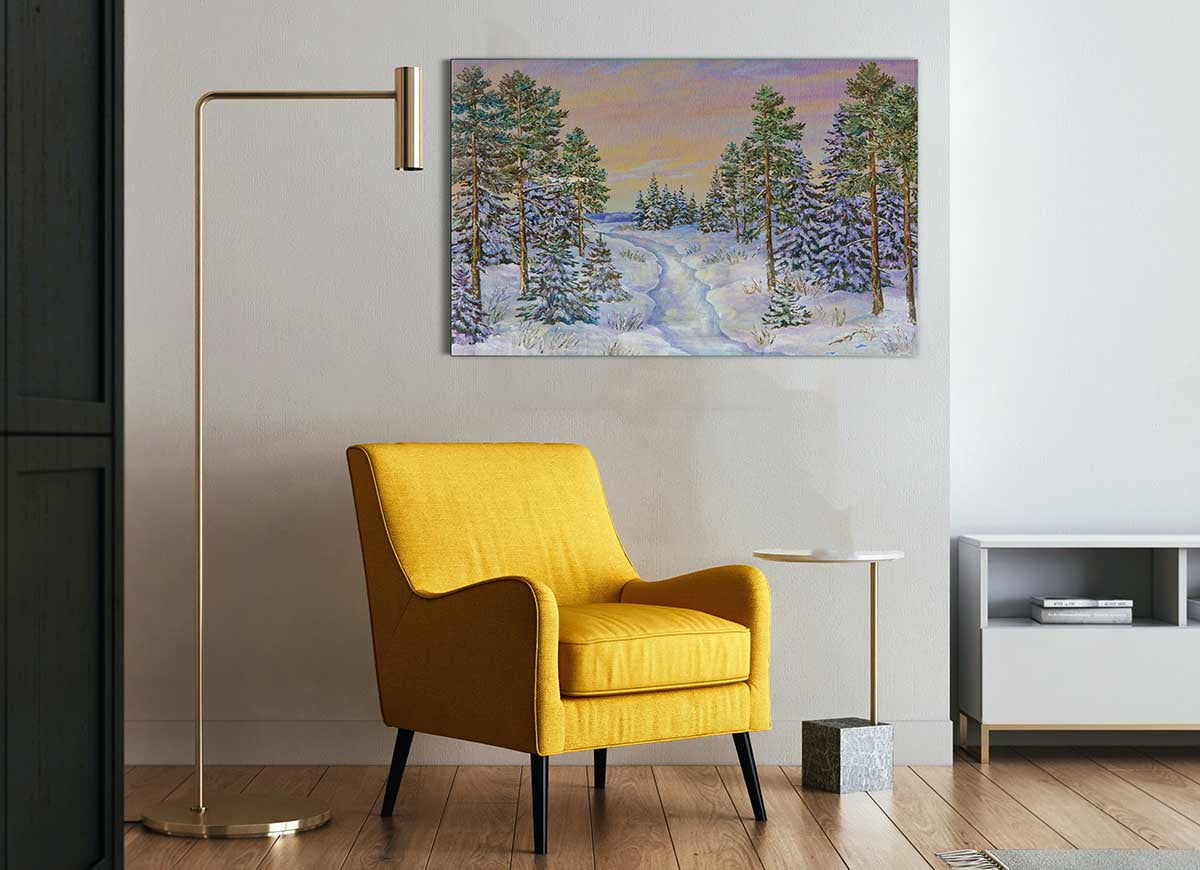 A stunning glass print featuring a serene snow-filled forest landscape, showcasing modern art style.