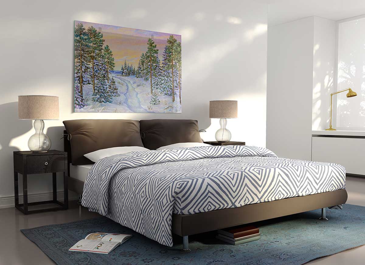 A stunning glass print featuring a serene snow-filled forest landscape, showcasing modern art style.