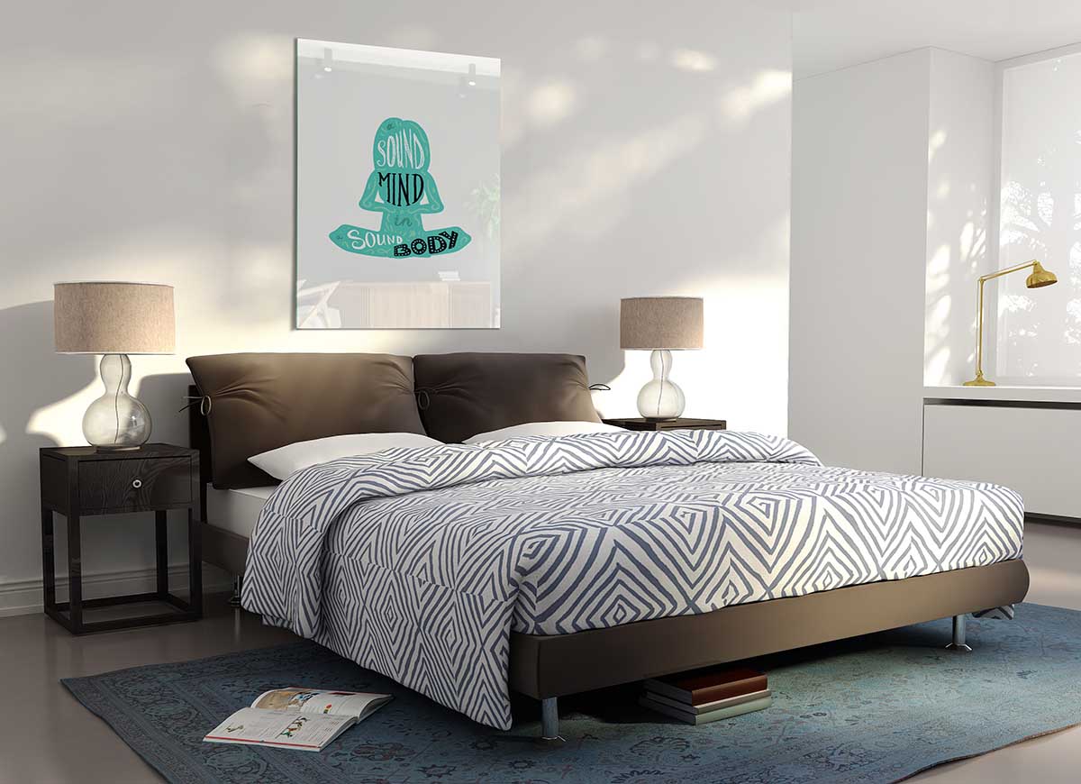 A modern glass print featuring the phrase 'A Sound Mind In A Sound Body', showcasing elegant design and vibrant colors.