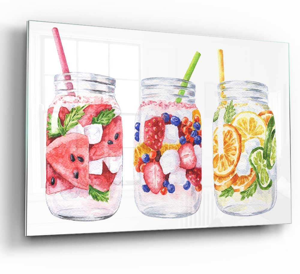 A modern glass print featuring a trio of colorful cocktails, perfect for home decor.