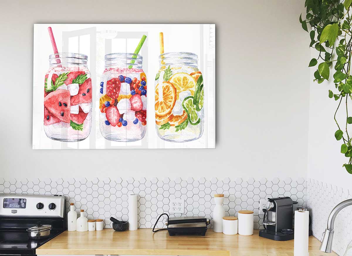 A modern glass print featuring a trio of colorful cocktails, perfect for home decor.