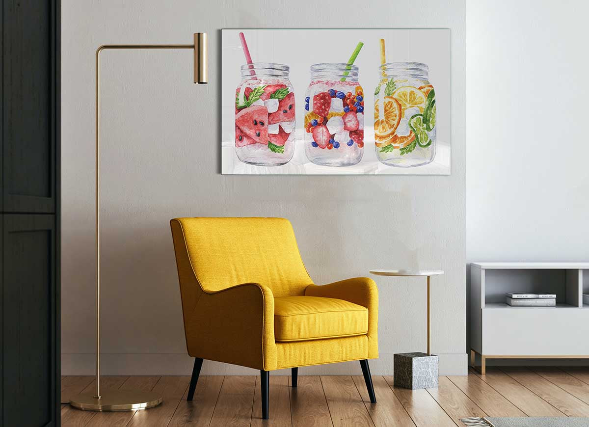 A modern glass print featuring a trio of colorful cocktails, perfect for home decor.