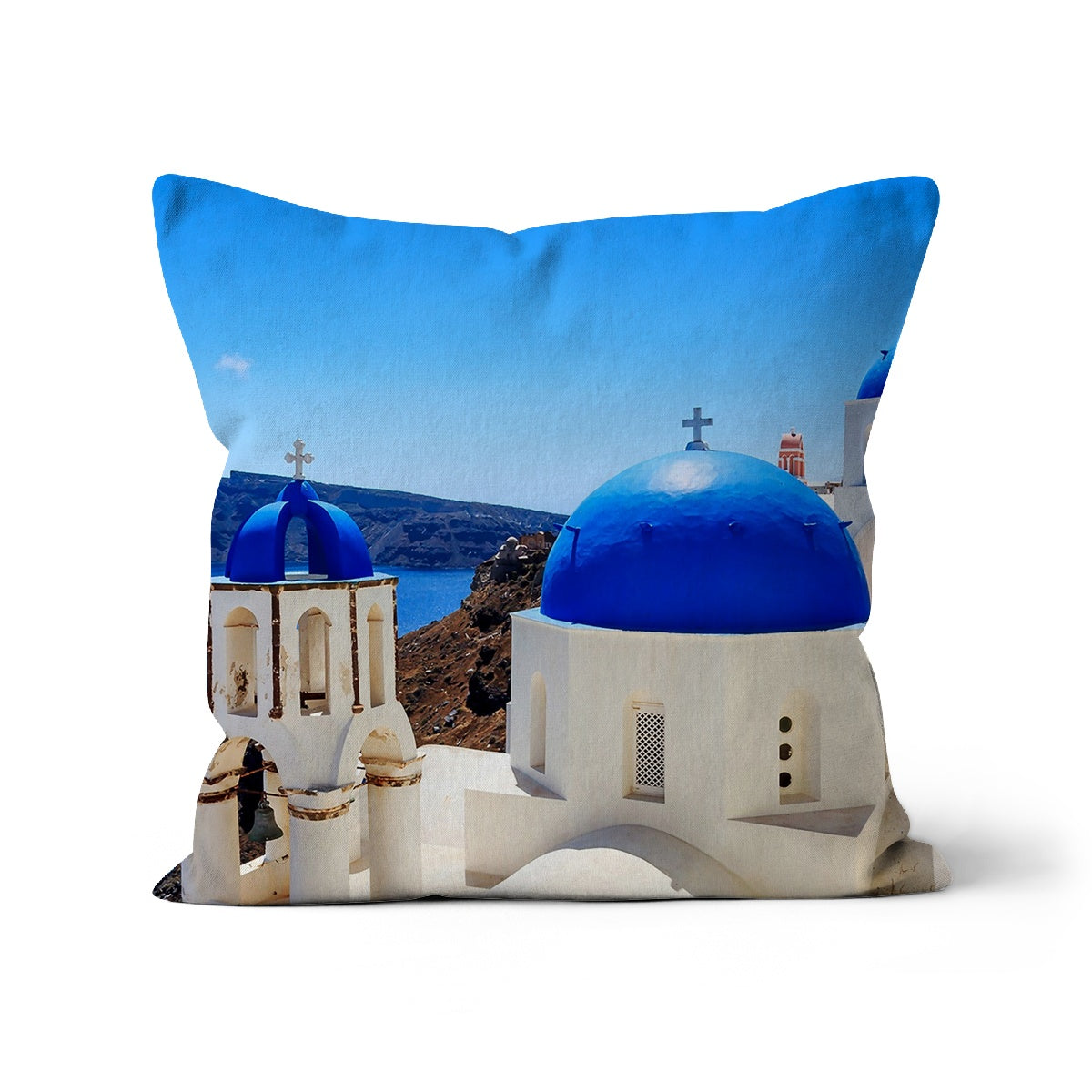 A decorative cushion featuring an architectural design inspired by Greece, available in various fabrics.