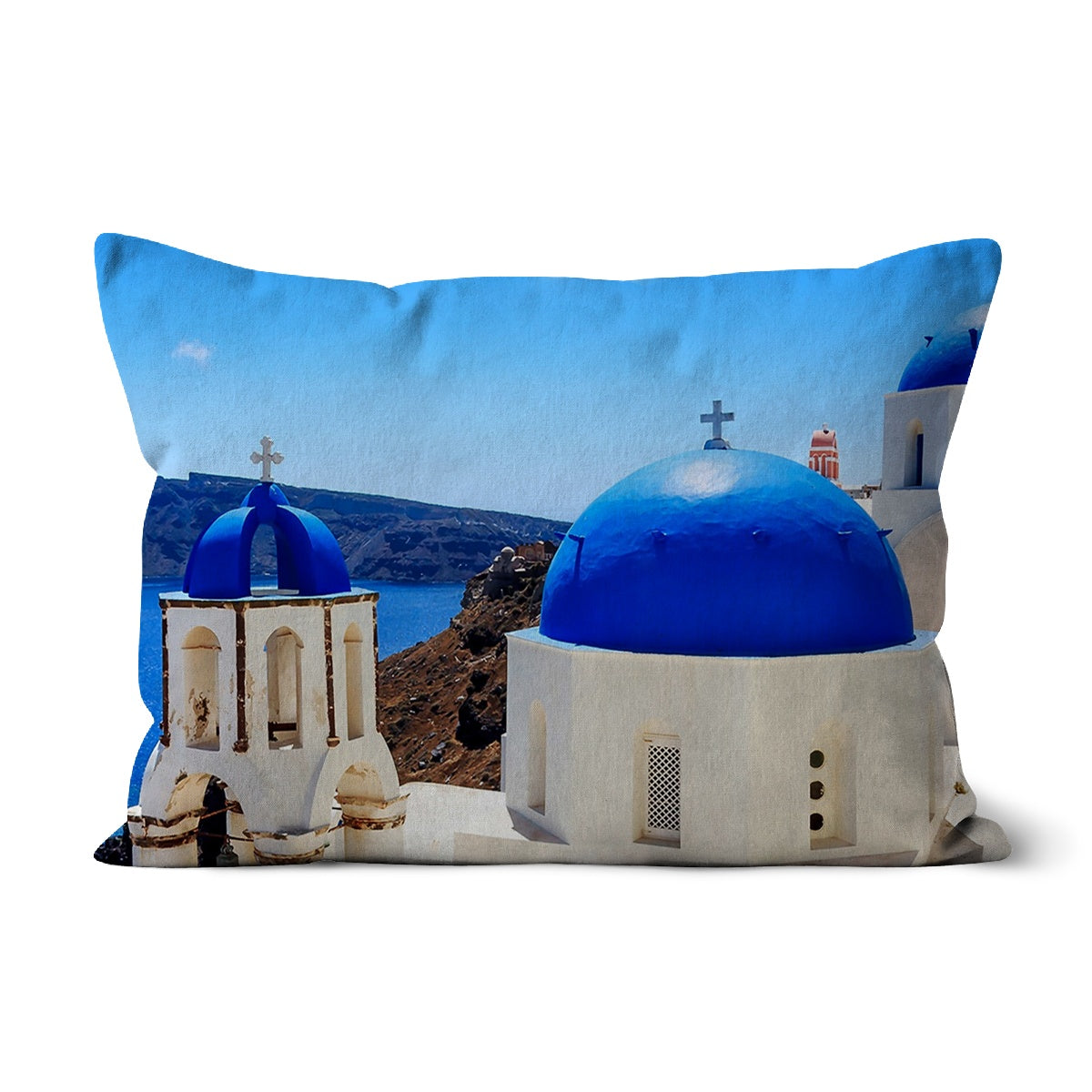 A decorative cushion featuring an architectural design inspired by Greece, available in various fabrics.