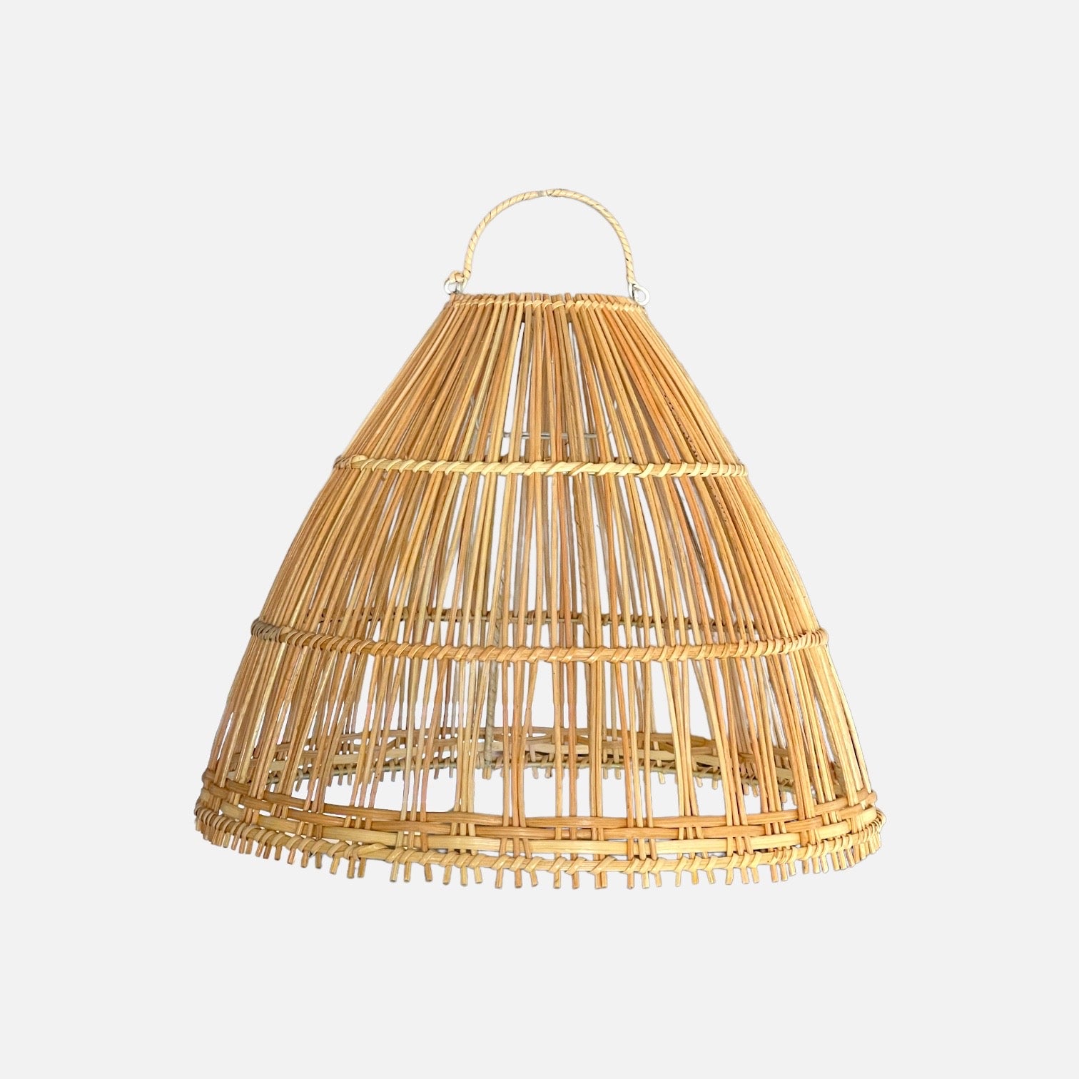 Natural rattan lampshade with a straight pattern, creating a boho vibe, ideal for home decor.