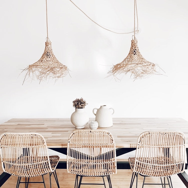 Mangsit Rattan Lampshade showcasing intricate Balinese weaving patterns, perfect for coastal and traditional interiors.