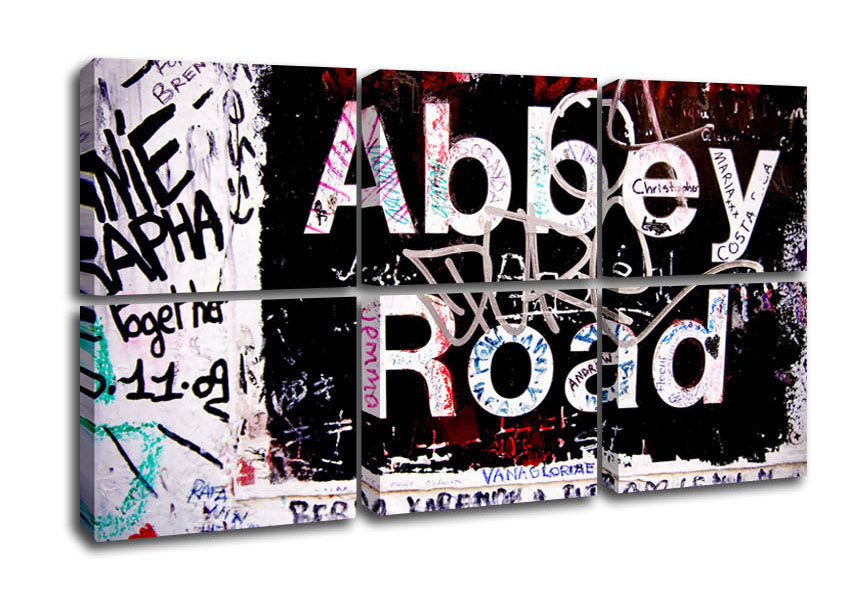 Abbey Road Graffiti canvas art mounted on a 44mm box frame, featuring vibrant colors and iconic graffiti design.