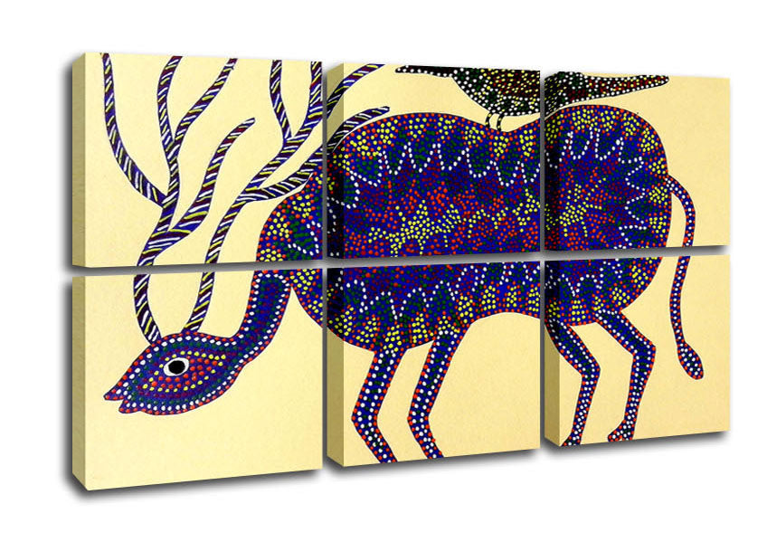 Aboriginal Animals Together canvas art featuring vibrant native Australian animals on a coated polyester canvas, mounted on a 44mm box frame.