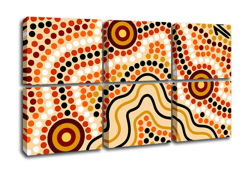 Vibrant Aboriginal Australian Sands canvas art mounted on a 44mm box frame, showcasing intricate designs and colors.