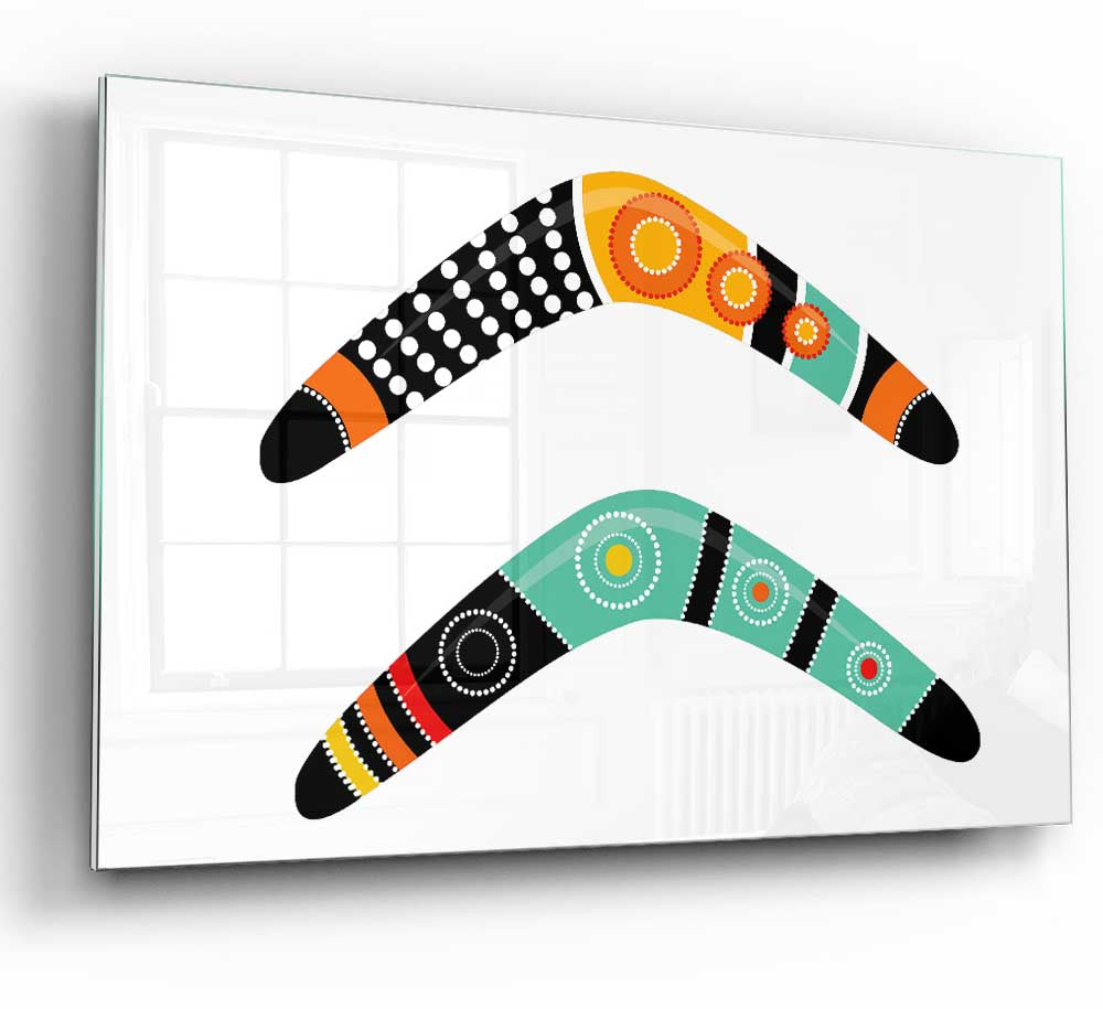 A vibrant Aboriginal Boomerang glass print showcasing intricate designs and colors, perfect for modern home decor.