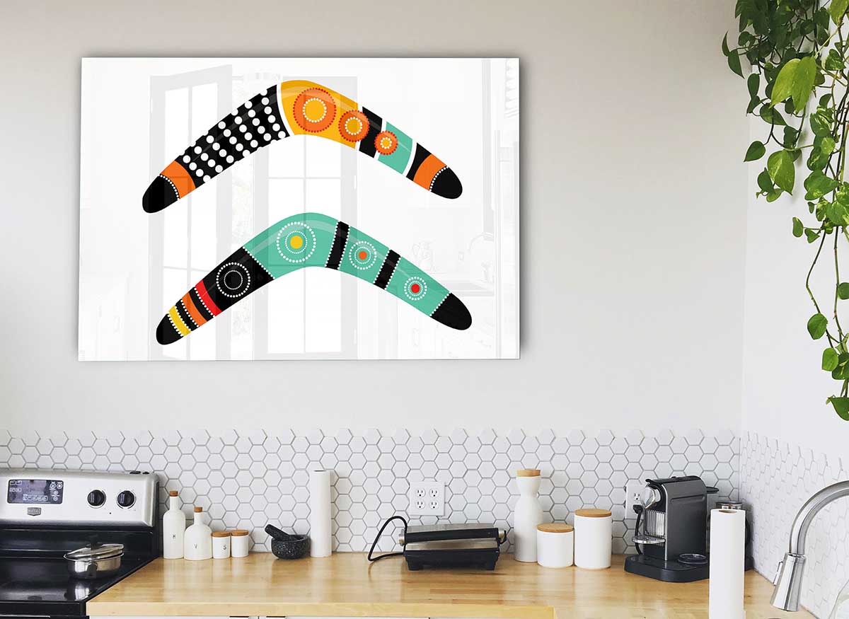 A vibrant Aboriginal Boomerang glass print showcasing intricate designs and colors, perfect for modern home decor.