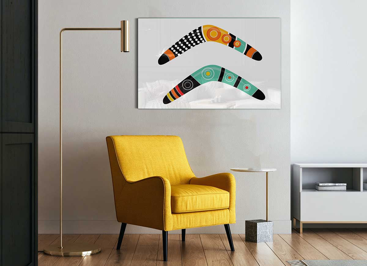 A vibrant Aboriginal Boomerang glass print showcasing intricate designs and colors, perfect for modern home decor.