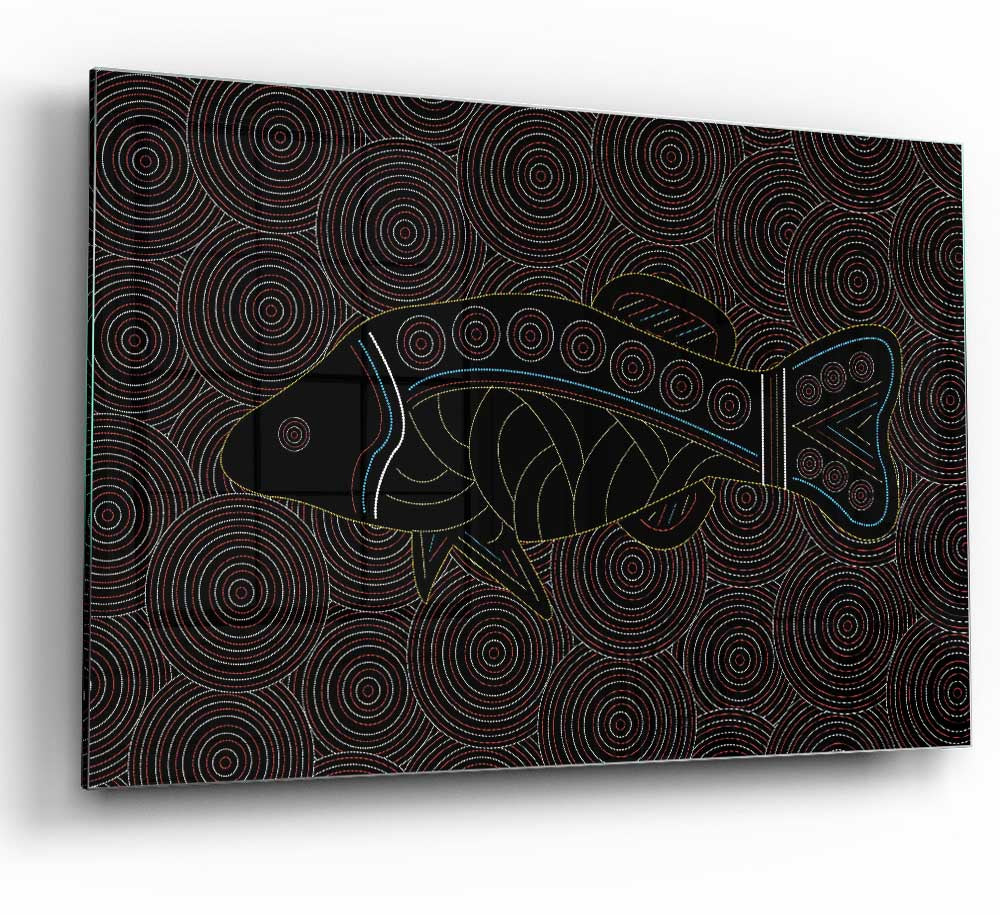 Aboriginal Fish 1 glass print featuring vibrant colors and intricate design, perfect for modern home decor.