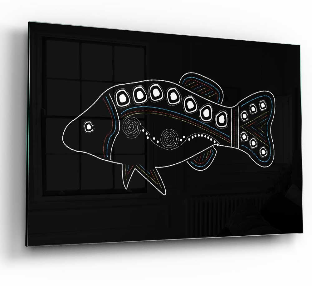 Aboriginal Fish 2 glass print featuring vibrant colors and intricate details, showcasing modern Aboriginal art.