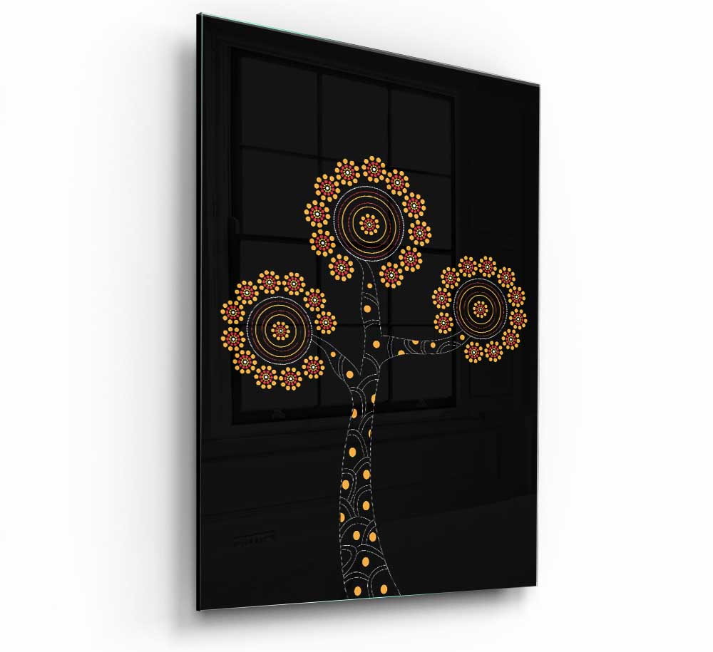 A vibrant Aboriginal Flower Tree glass print showcasing intricate floral designs and colors, perfect for modern decor.