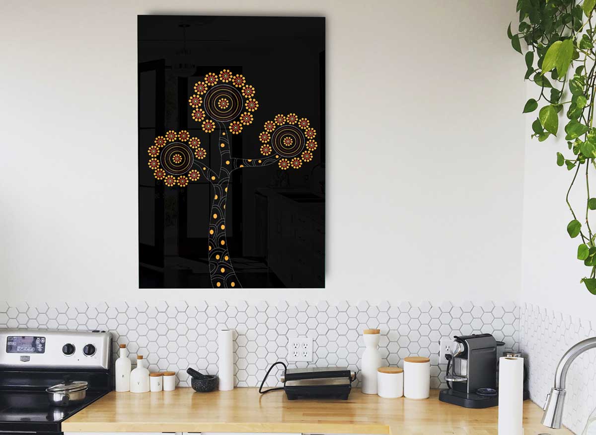 A vibrant Aboriginal Flower Tree glass print showcasing intricate floral designs and colors, perfect for modern decor.