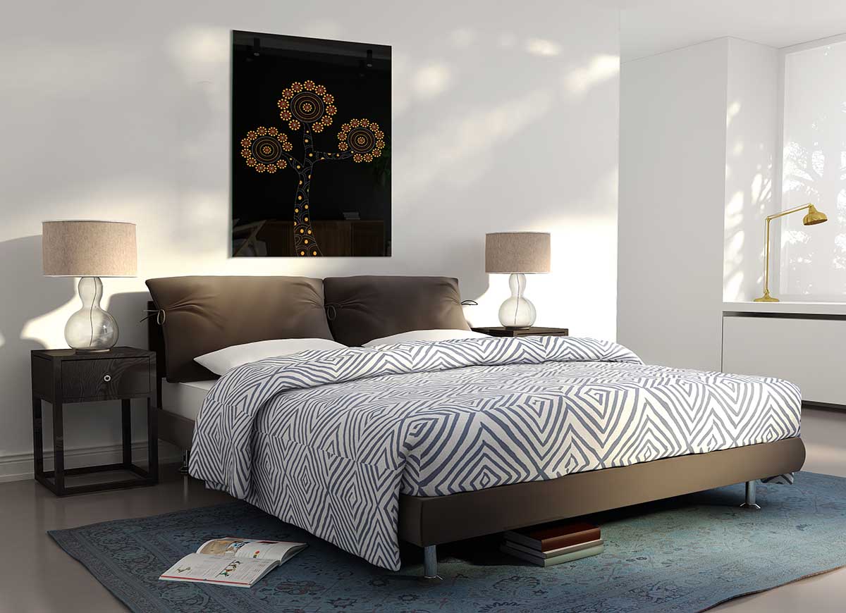 A vibrant Aboriginal Flower Tree glass print showcasing intricate floral designs and colors, perfect for modern decor.