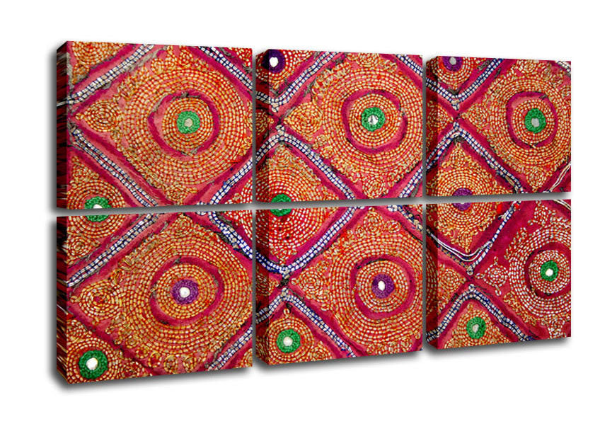 A vibrant canvas featuring Aboriginal geometric shapes, mounted on a sturdy 44mm box frame, ready to hang.