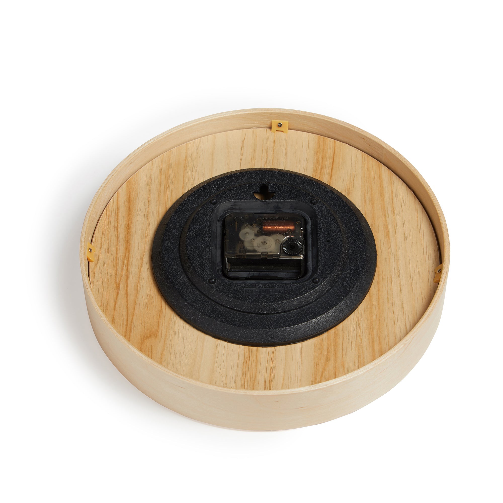 Aboriginal Kangaroo clock made from natural bamboo with a round face and clear Plexiglas lens, available in black, white, and natural frame colors.