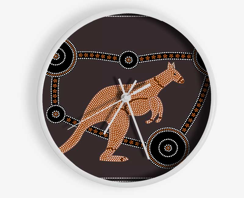 Aboriginal Kangaroo clock made from natural bamboo with a round face and clear Plexiglas lens, available in black, white, and natural frame colors.