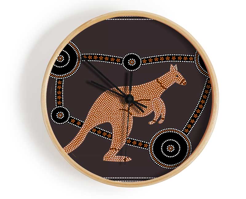 Aboriginal Kangaroo clock made from natural bamboo with a round face and clear Plexiglas lens, available in black, white, and natural frame colors.