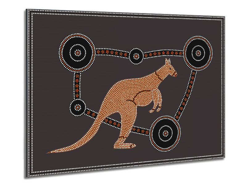 Aboriginal Kangaroo 1 artwork printed on brushed aluminium dibond, showcasing vibrant colors and intricate details.