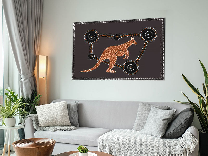 Aboriginal Kangaroo 1 artwork printed on brushed aluminium dibond, showcasing vibrant colors and intricate details.