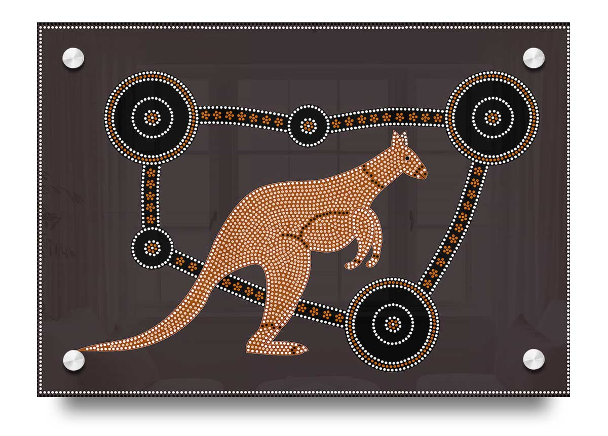 Vibrant Aboriginal Kangaroo 1 acrylic print on 5mm thick glass, showcasing intricate designs and colors.