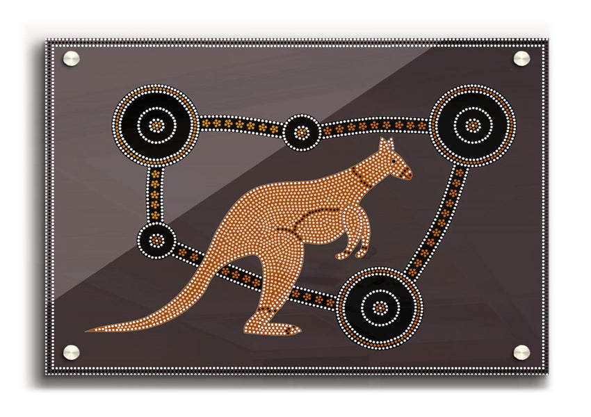 Vibrant Aboriginal Kangaroo 1 acrylic print on 5mm thick glass, showcasing intricate designs and colors.