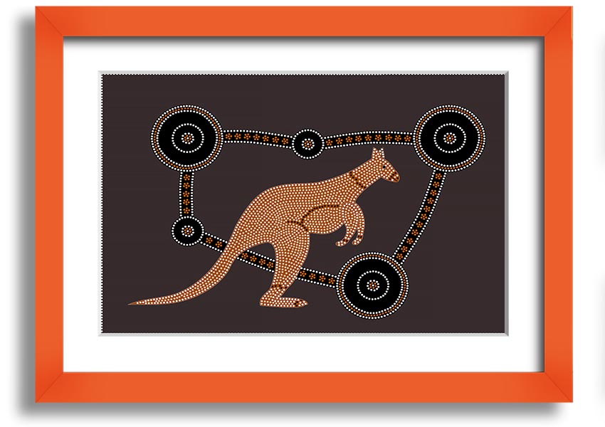 Framed Aboriginal Kangaroo 1 print showcasing vibrant colors and intricate designs, ready to hang.