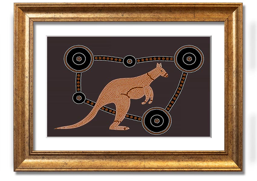 Framed Aboriginal Kangaroo 1 print showcasing vibrant colors and intricate designs, ready to hang.