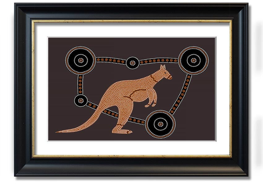 Framed Aboriginal Kangaroo 1 print showcasing vibrant colors and intricate designs, ready to hang.