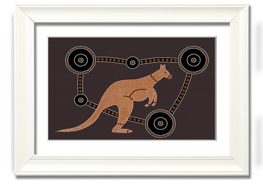 Framed Aboriginal Kangaroo 1 print showcasing vibrant colors and intricate designs, ready to hang.