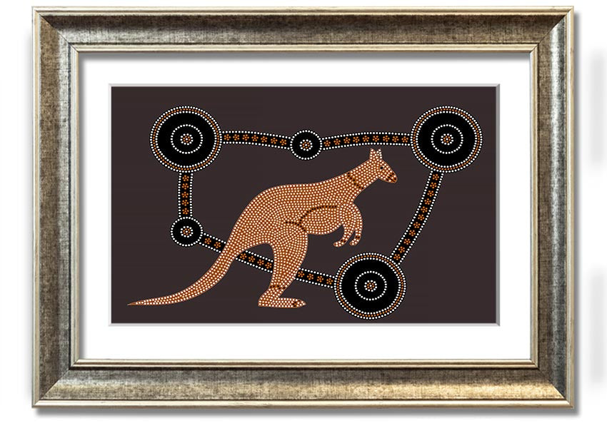 Framed Aboriginal Kangaroo 1 print showcasing vibrant colors and intricate designs, ready to hang.