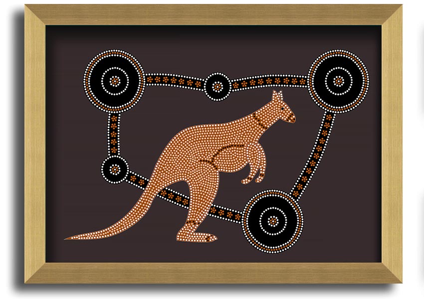 Framed Aboriginal Kangaroo 1 print showcasing vibrant colors and intricate designs, ready to hang.