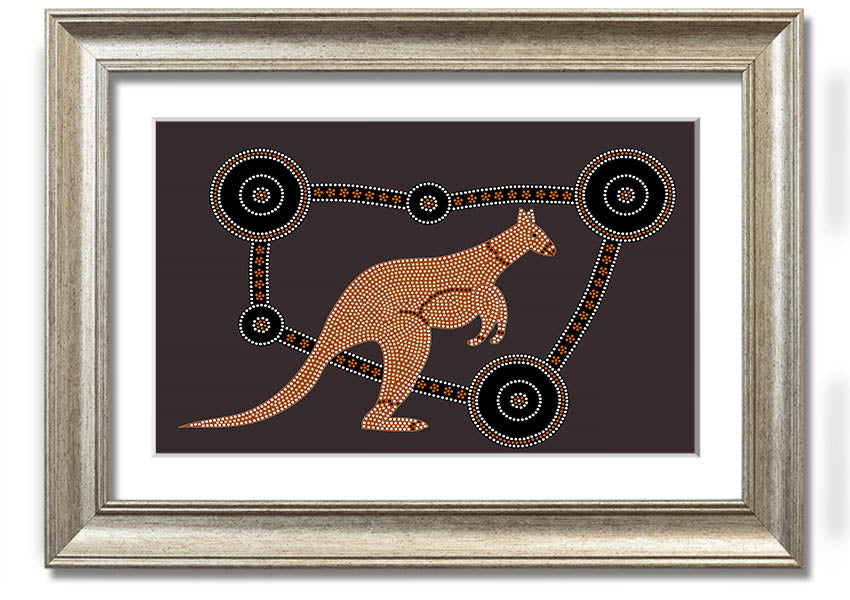 Framed Aboriginal Kangaroo 1 print showcasing vibrant colors and intricate designs, ready to hang.