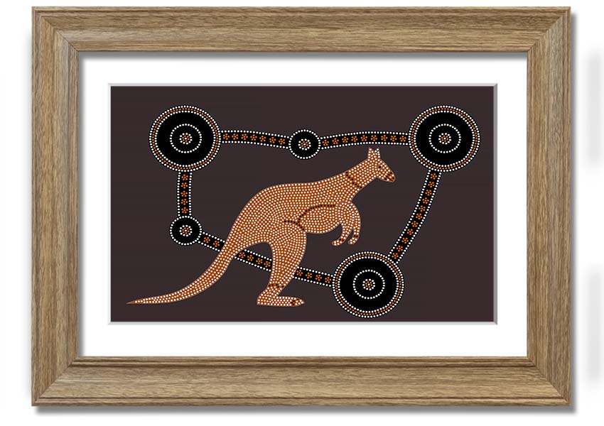 Framed Aboriginal Kangaroo 1 print showcasing vibrant colors and intricate designs, ready to hang.