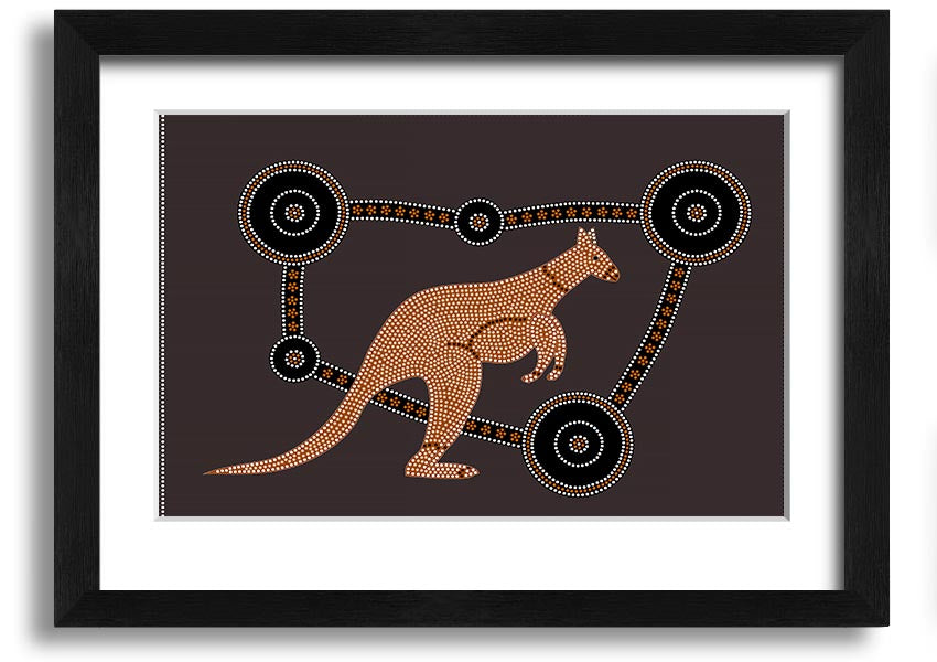 Framed Aboriginal Kangaroo 1 print showcasing vibrant colors and intricate designs, ready to hang.