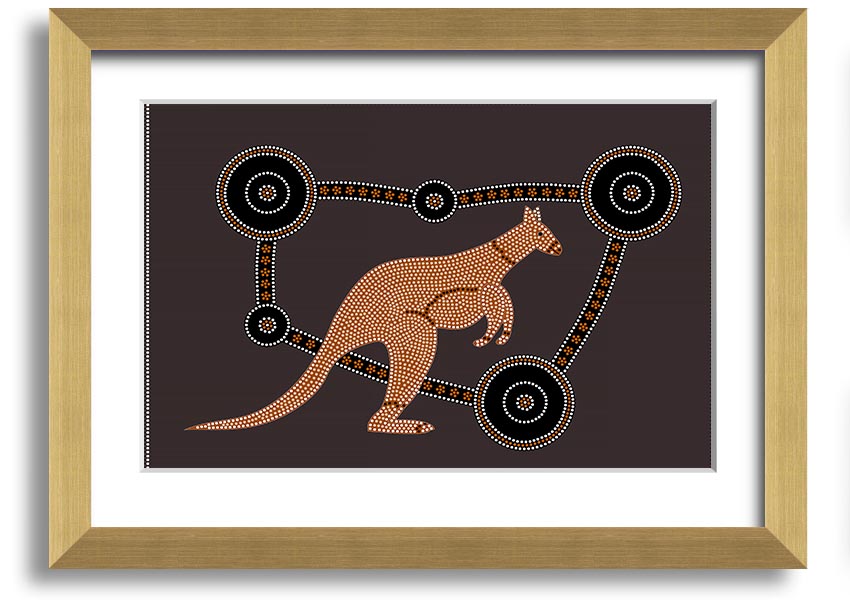 Framed Aboriginal Kangaroo 1 print showcasing vibrant colors and intricate designs, ready to hang.