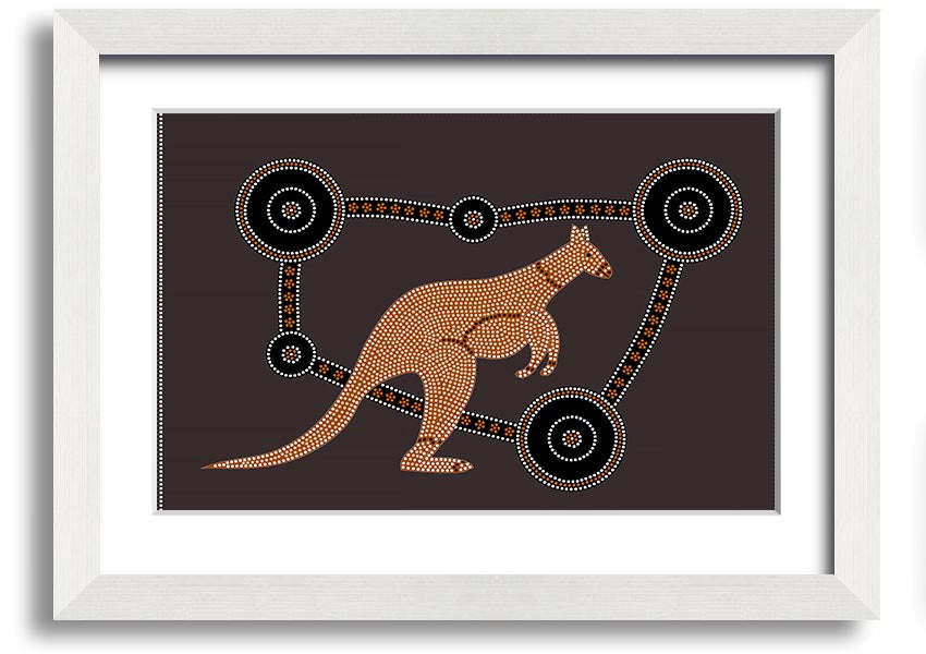 Framed Aboriginal Kangaroo 1 print showcasing vibrant colors and intricate designs, ready to hang.