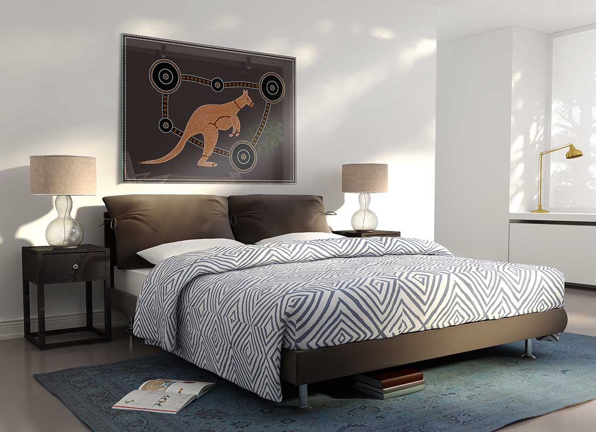 Aboriginal Kangaroo 1 glass print featuring vibrant colors and intricate design, perfect for modern decor.